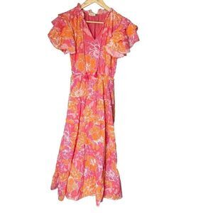 Maude Vivante Tiered Dress Womens Size L Pink Floral Boho Flutter Sleeve Resort
